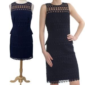 Lauren Ralph Lauren Lace Cocktail Dress Peplum Waist Sheath Navy Blue Womens 8